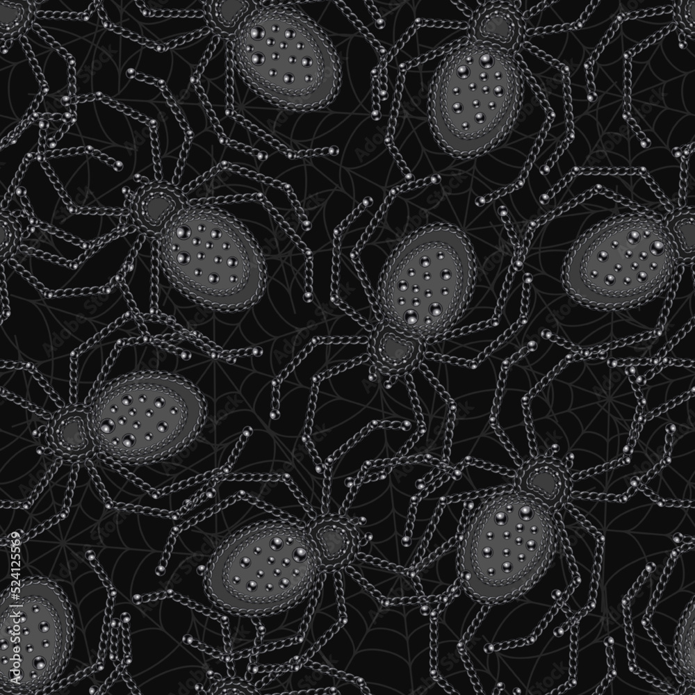 Seamless pattern with lots of spiders made of metallic black chain, thin spiderweb behind. Gothic gloomy decoration for Halloween holiday. Random chaotic composition.