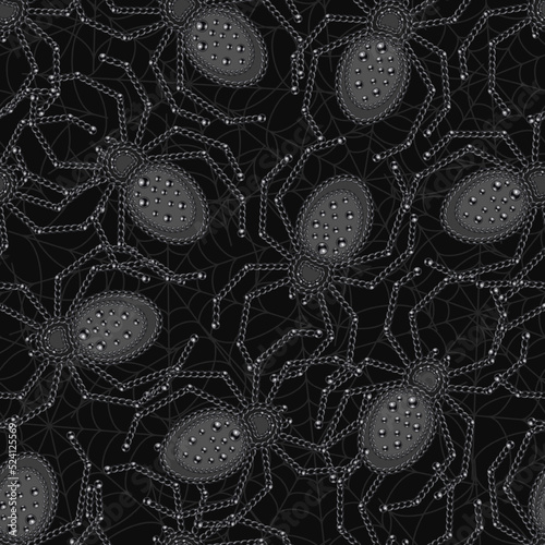 Seamless pattern with lots of spiders made of metallic black chain, thin spiderweb behind. Gothic gloomy decoration for Halloween holiday. Random chaotic composition.