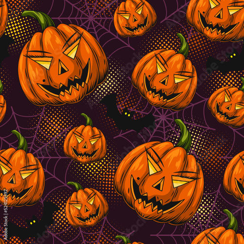 Seamless pattern with halloween pumpkin symbol, spiderweb, silhouette of bat. Pumpkins stylized as grinning human female face. Dark violet background with round halftone shapes.