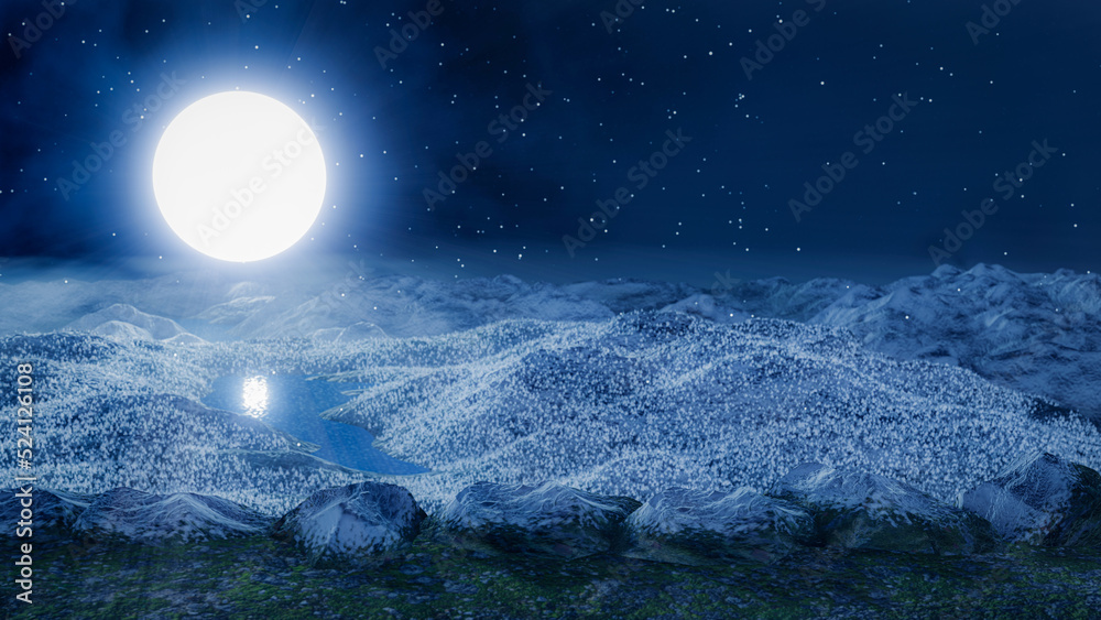 Naklejka premium Terrain, high mountains and cliffs at night when it's snowing in winter. Full moon night on a high mountain. 3D rendering