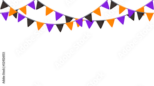 Halloween bunting. Black, orange and purple repeating flag garland. Triangle pennants chain pattern. Party bunting decoration. Celebration flags for decor. Vector banner background 