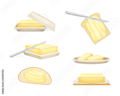Butter Chunk with Knife Spreading It on Slice of Bread Vector Set