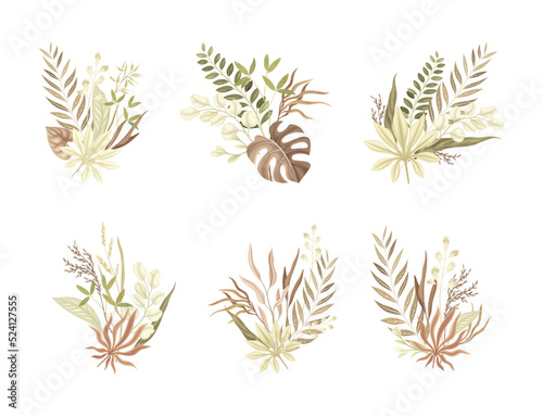Tropical Leaves, Foliage and Flora Botanical Composition and Bouquet Vector Set