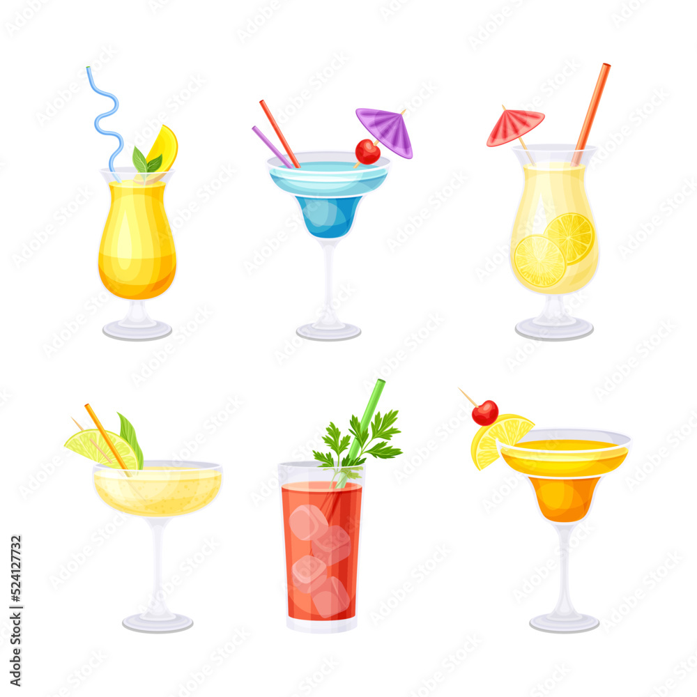 Bright Cocktail in Glass with Straw, Citrus and Berry as Alcoholic Refreshing Drink Vector Set Bright Cocktail in Glass with Straw, Citrus and Berry as Alcoholic Refreshing Drink Vector Set