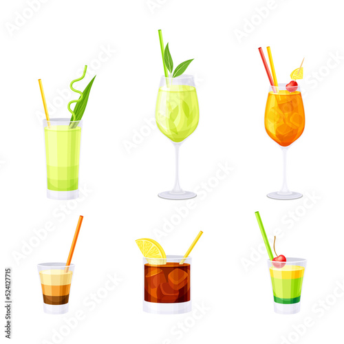 Bright Cocktail in Glass with Straw, Citrus and Berry as Alcoholic Refreshing Drink Vector Set