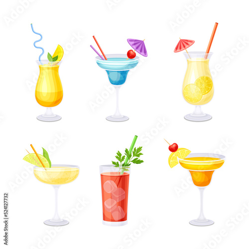 Bright Cocktail in Glass with Straw, Citrus and Berry as Alcoholic Refreshing Drink Vector Set