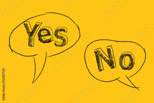Speech bubbles with YES and NO text written on yellow. Concept of conflict, dialog, dispute, discussion, debate. photo