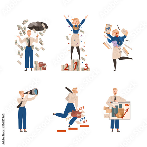 People Office Employee Character Engaged in Business Goal Achievement Vector Set