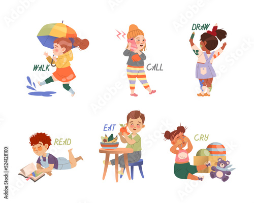 Funny Kids Engaged in Different Activity Demonstrating Verb Vector Set