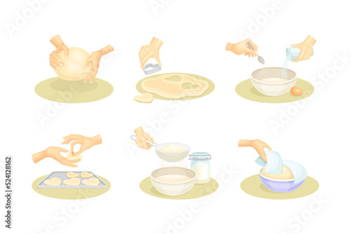 Hands Kneading Dough with Sieve and Shape Preparing Homemade Cookie as Baking and Pastry Making Vector Set
