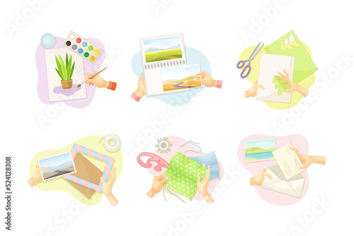 Handcraft with Human Hands Engaged in Painting, Applique, Sewing and Photo Album Making Vector Set