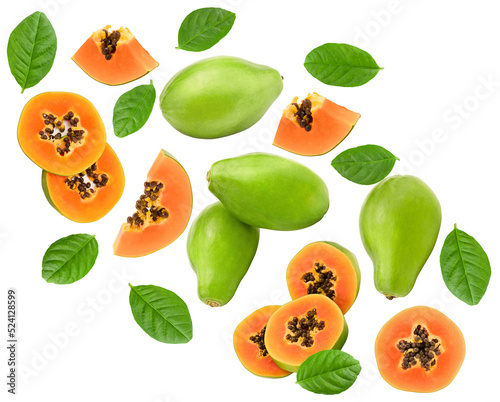 Fototapeta Naklejka Na Ścianę i Meble -  flying ripe papaya fruits with green leaves isolated on white background. exotic fruit. clipping path
