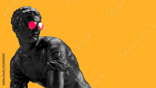 3d render antique black sculpture roman man looking through the back there is a place for text