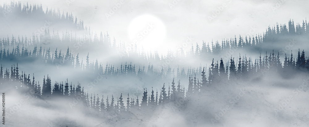 Landscape art background with mountains and hills and forest in the morning in blue tones. Hand drawn vector banner in watercolor style for wallpaper design, decor, print, textile, packaging.