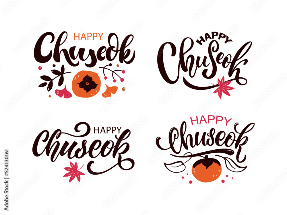 Happy Chuseok set of handwritten text (Korean Harvest Festival, thanksgiving day). Isolated on white background. Modern brush calligraphy and persimmon. Hand lettering typography, vector illustration