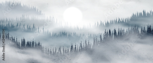Landscape art background with mountains and hills and forest in the morning in blue tones. Hand drawn vector banner in watercolor style for wallpaper design, decor, print, textile, packaging.