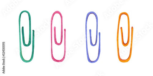 Realistic color paper clips set. Watercolor illustration school supplies. Green  violet  pink and orange. Isolated on white. Hand drawing.