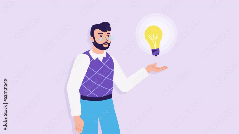 happy man and light bulb. Concept of a great idea, Eureka. Solution of the problem, answer. 2d flat animation. template for explainer video. good brilliant idea, cartoon stock footage happy man and light bulb. Concept of a great idea, Eureka. Solution of the problem, answer. 2d flat animation. template for explainer video. good brilliant idea, cartoon stock footage