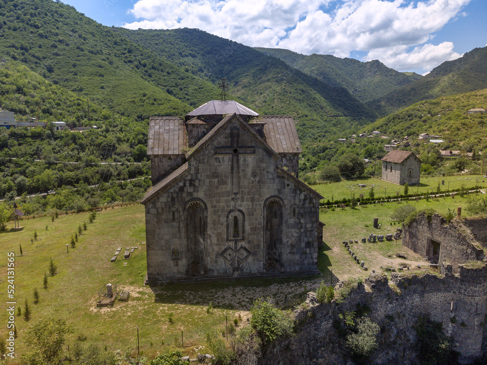 Aerial view the Ancient armenian Akhtala Monastery in the north part of Armenia