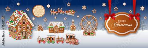 christmas banner with gingerbread cookies. christmas landscape with gingerbread house, train and ferris wheel