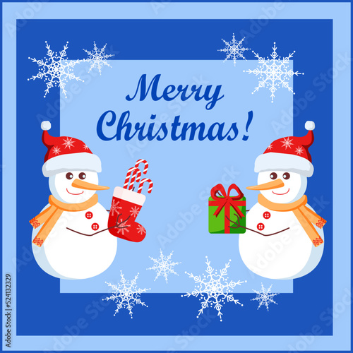 Two happy snowmen give gifts to each other. Christmas greeting card with text box.