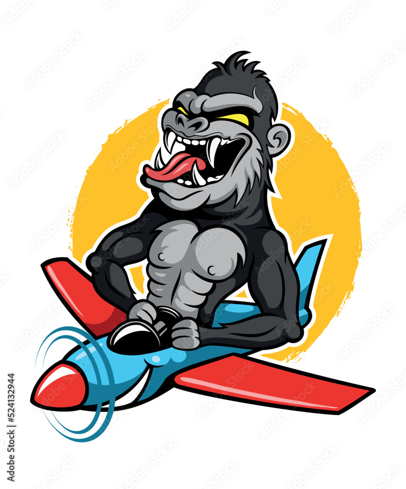 Fototapeta premium Cartoon style funny, roaring gorilla image. Gorilla pilot character flying on a plane. Mascot design concept. Isolated on white background.