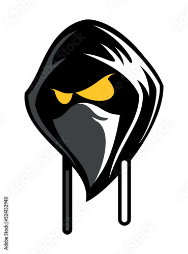 Cartoon style head image, man in the hoodie and bandana on his face. Isolated on white background.