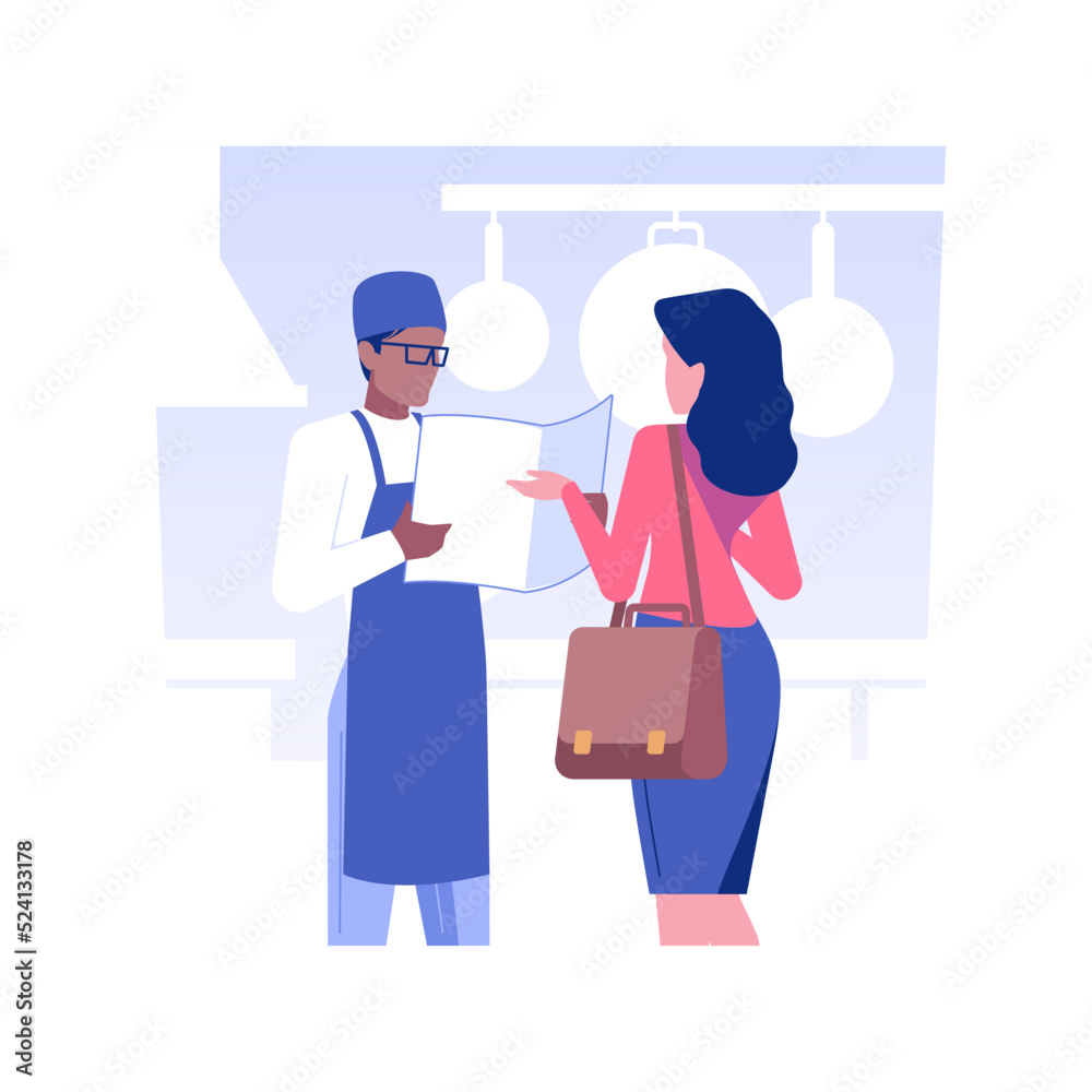 Select a food franchise isolated concept vector illustration. Businessman choosing a food franchise, dealership company, distributorship contract, opening new restaurant vector concept.