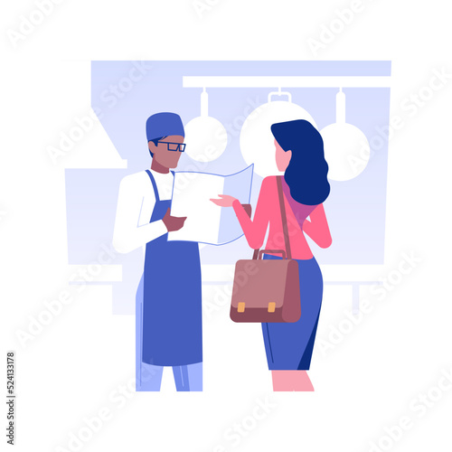 Select a food franchise isolated concept vector illustration. Businessman choosing a food franchise, dealership company, distributorship contract, opening new restaurant vector concept.