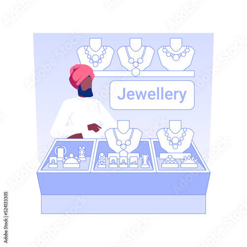 Jewellery dealer isolated concept vector illustration. Dealer selling expensive jewellery in luxury store, distributorship agreement, shiny diamond rings, precious necklace vector concept. photo