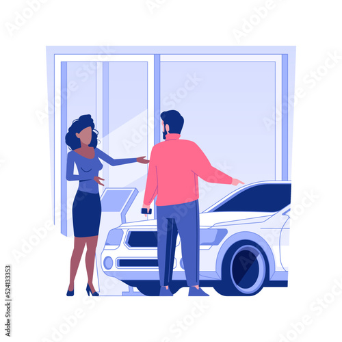 Choosing a car isolated concept vector illustration. Businessman choosing a car in official dealer, distributorship company, talking with client, luxury transport for sale vector concept. photo