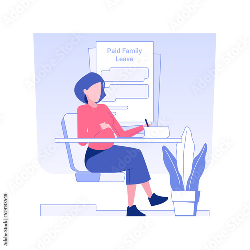 Paid family leave isolated concept vector illustration. Pregnant woman writes an application for maternity leave, business etiquette, corporate culture, company rules vector concept.