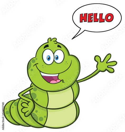 Happy Book Worm Cartoon Mascot Character Waving For Greeting. Hand Drawn Illustration Isolated On Transparent Background