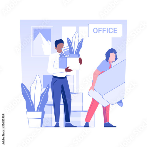 Relocation support isolated concept vector illustration. Employee with boxes and equipment moving in new office, business etiquette, corporate culture, moving expenses vector concept.