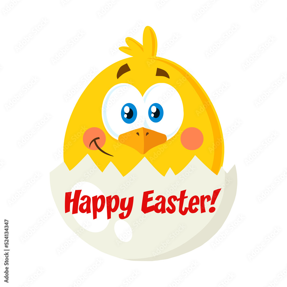 Smiling Yellow Chick Cartoon Character Out Of An Egg Shell. Hand Drawn Illustration Isolated On Transparent Background 