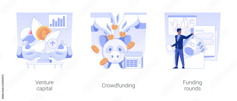 Raising money for startup isolated concept vector illustration set. Venture capital, crowdfunding strategy, funding rounds, private equity financing, business sponsorship vector cartoon. Raising money for startup isolated concept vector illustration set. Venture capital, crowdfunding strategy, funding rounds, private equity financing, business sponsorship vector cartoon.