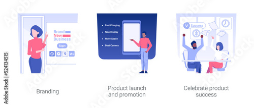 Launching product process isolated concept vector illustration set. Branding, product launch and promotion, celebrate product success, create a trademark, packaging design vector cartoon.