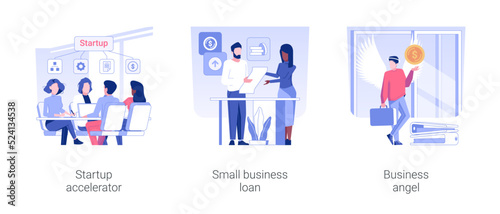 Startup funding isolated concept vector illustration set. Startup accelerator, small business loan, business angel, find a mentor to raise money, financial help to entrepreneur vector cartoon.