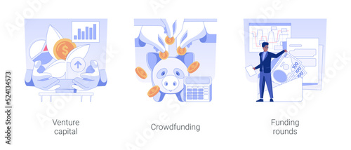 Raising money for startup isolated concept vector illustration set. Venture capital, crowdfunding strategy, funding rounds, private equity financing, business sponsorship vector cartoon.