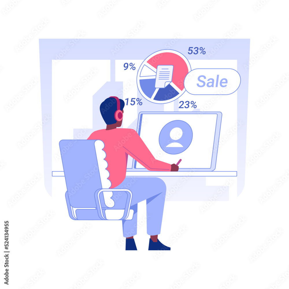 Marketing research isolated concept vector illustration. Call center worker processes data sales using laptop, customer service department, statistics search report vector concept. Marketing research isolated concept vector illustration. Call center worker processes data sales using laptop, customer service department, statistics search report vector concept.