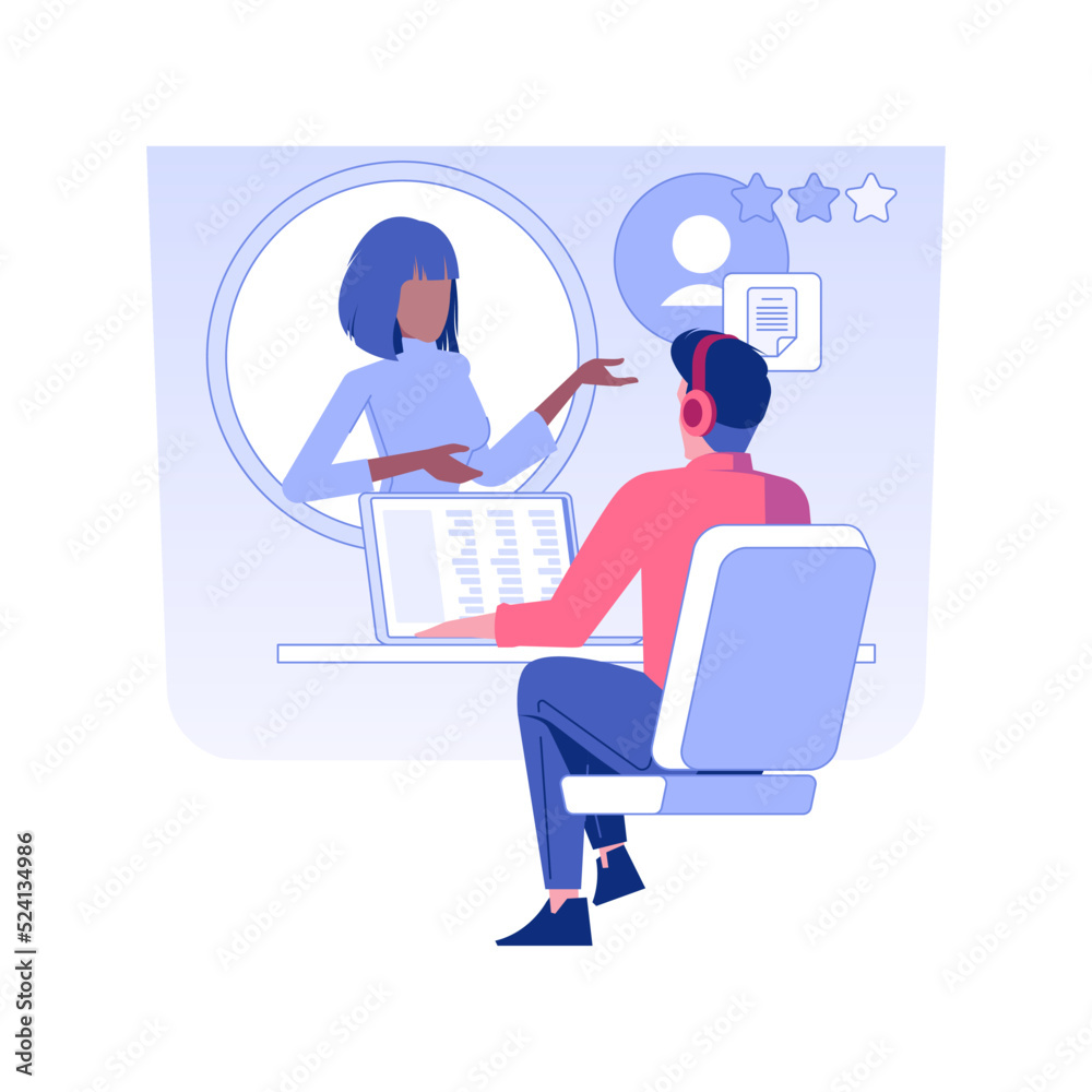 Customer feedback isolated concept vector illustration. Call center operator gives feedback to clients, customer service department, marketing strategy, reputation rate vector concept. Customer feedback isolated concept vector illustration. Call center operator gives feedback to clients, customer service department, marketing strategy, reputation rate vector concept.
