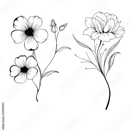 Beautiful sketch of a tattoo - a delicate twig with flowers . Flowers Periwin...