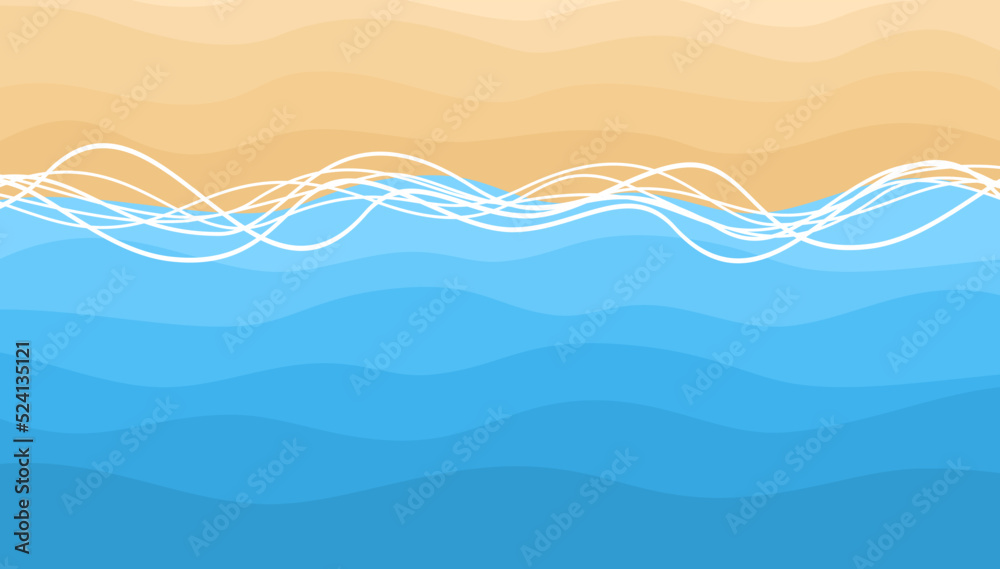 Sand beach background with blue sea waves. Vector top view summer illustration in flat style