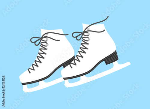 A pair of white ice figure skates with black laces and soles on a blue background. Flat vector illustration