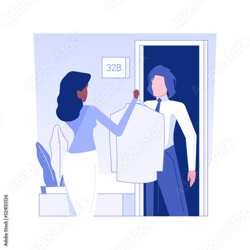 Hotel laundry service isolated concept vector illustration. Smiling hotel worker brought the man dry cleaning and ironing clothes, business travel, accommodation facility vector concept.