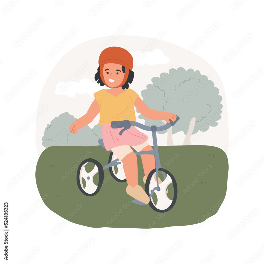 Pedaling a tricycle isolated cartoon vector illustration. Child riding a tricycle, physical development of preschool children, kindergarten sport equipment, early education vector cartoon.