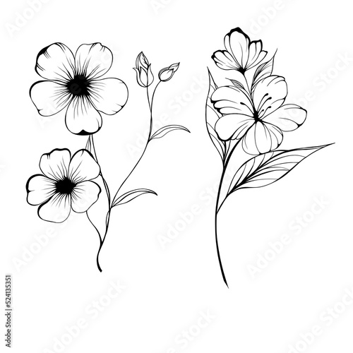 Beautiful sketch of a tattoo - a delicate twig with flowers . Flowers Periwin...