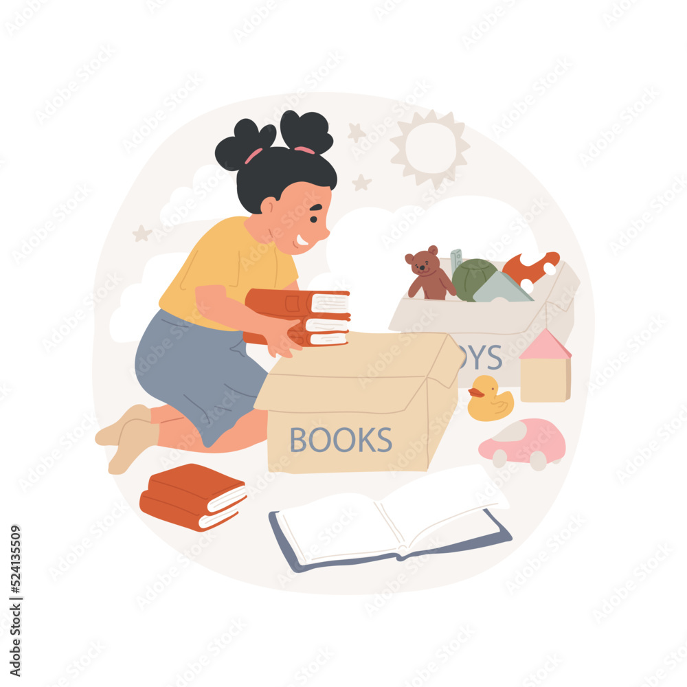 Learn to organize things isolated cartoon vector illustration. Put things in signed boxes, organize classroom, self-care and personal hygiene preschool child care, kindergarten vector cartoon. - obrazy, fototapety, plakaty 