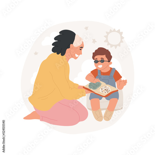 Sensory game isolated cartoon vector illustration. Texture books for children, disabled child plays with sensory toy, developmental game, in-home caregiver service, homebased vector cartoon.