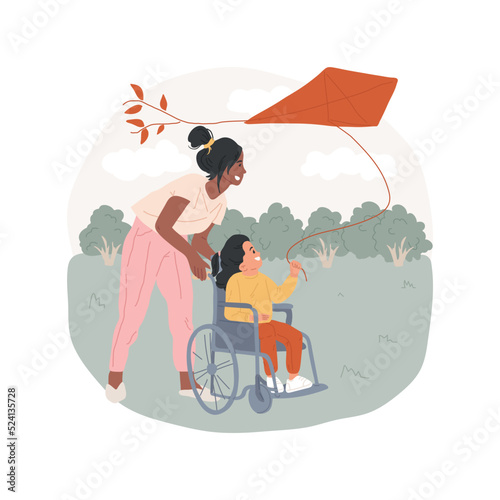 Kite flying isolated cartoon vector illustration. Child in wheelchair, kid flying kite with adult, outdoor fun activity, special daycare, in-home caregiver, daycare for disabled vector cartoon.